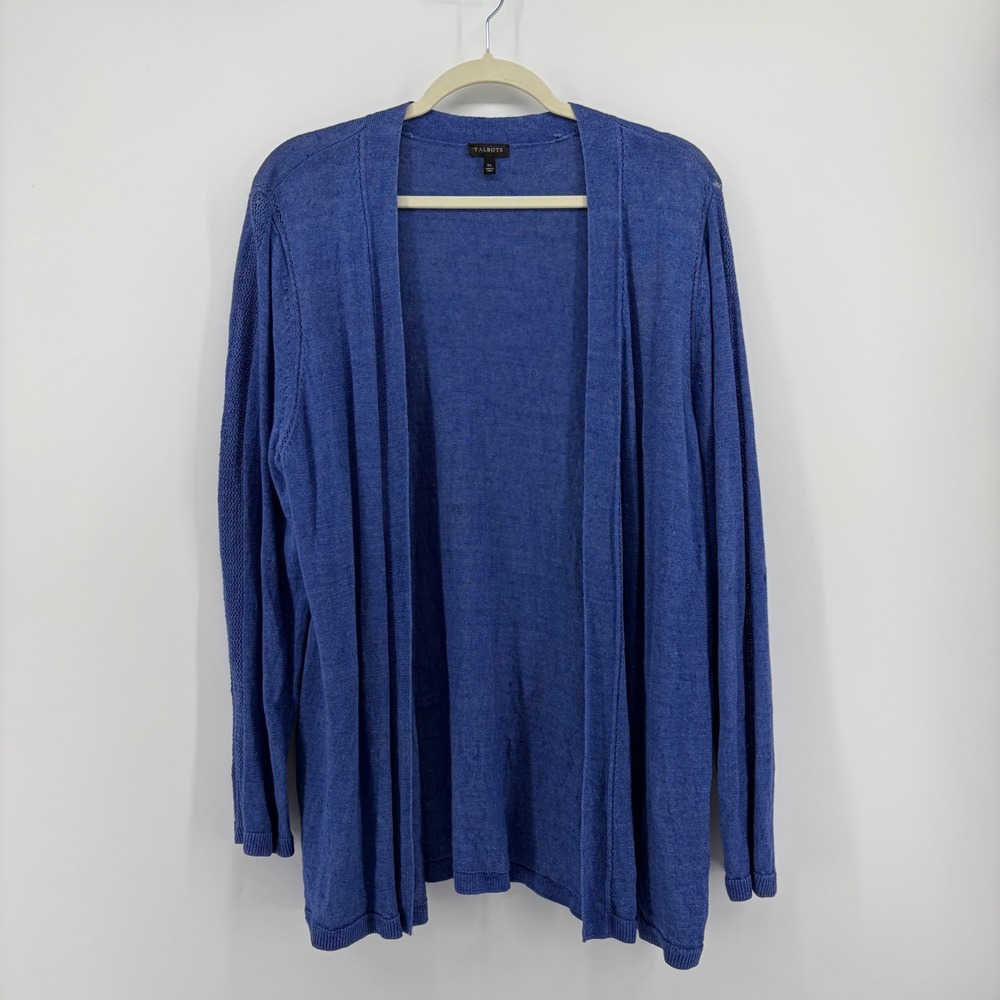 Talbots Womens XL Blue 100% Linen Open Front Cardigan Sweater Long Sleeve